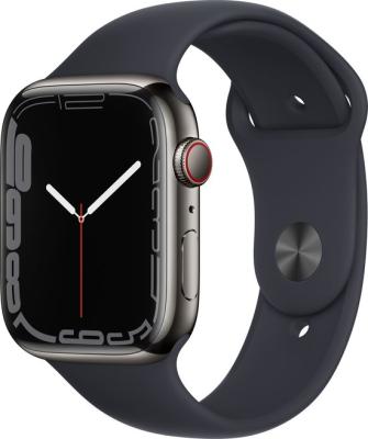 Refurbished Apple Watch serie 7 45mm. + Cellular. Stainless steel zwart. Zwarte sportband. Nieuwstaat.