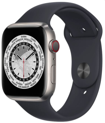 Refurbished Apple Watch serie 7 45mm. + Cellular. Titanium. Zwarte sportband. Nieuwstaat. 