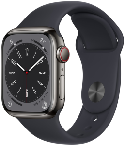 Refurbished Apple Watch serie 8 45mm + cellular. Stainless steel (zwart) aluminium met stainless steel sportband. Nieuwstaat.